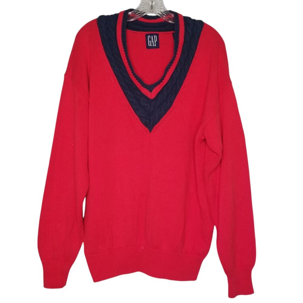 Vintage 90s Gap Varsity Cable Knit V Neck Sweater Medium Red Navy Preppy